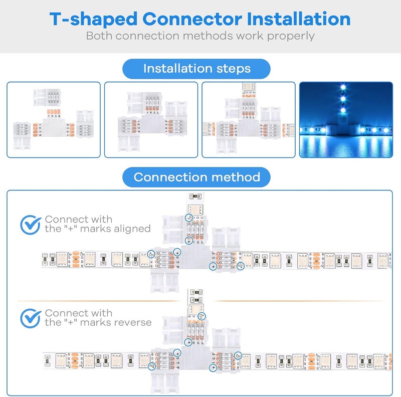 Pmxary 42Pcs 4 Pin LED Strip Connectors Kit for 8mm Wide RGB LED Strip Light, Includes 8 L-Shaped, 4 T-Shaped, and 30 Solderless LED Light Connectors Clips, Easy for DIY Lighting Projects - Image 5